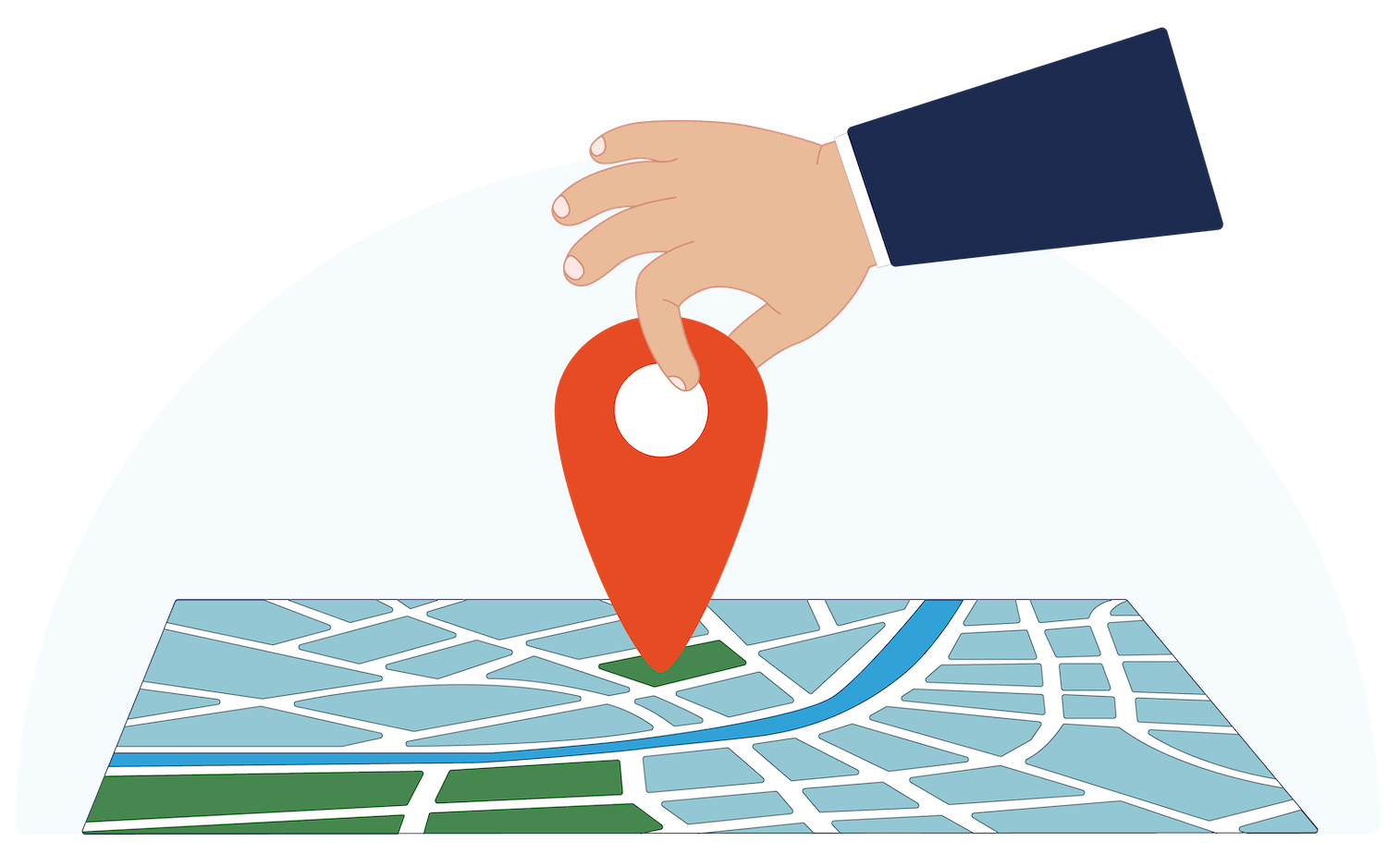Illustration of hand placing a location tag on a map.